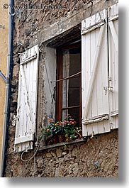 europe, fayence, flowers, france, old, provence, vertical, windows, photograph