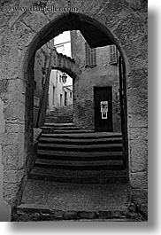arches, archways, black and white, europe, fayence, france, gothic, provence, stairs, structures, vertical, photograph