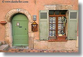 archways, colors, doors, europe, fayence, france, green, horizontal, oranges, provence, structures, windows, photograph
