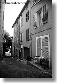 black and white, europe, fayence, france, narrow, provence, streets, vertical, photograph