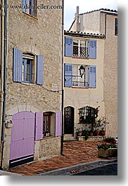 blues, colors, europe, fayence, france, pink, provence, shutters, vertical, photograph