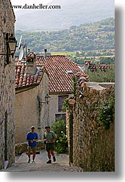 europe, fayence, france, men, narrow, people, provence, streets, tourists, vertical, photograph