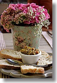 bread, colors, europe, flowers, foods, france, olives, pink, provence, vertical, photograph