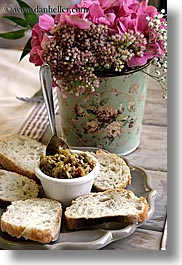 bread, colors, europe, flowers, foods, france, olives, pink, provence, vertical, photograph