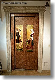 arts, doors, elevator, europe, france, hotel des messugues, murals, paintings, provence, vertical, photograph