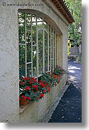 europe, france, geraniums, hotel des messugues, provence, vertical, windows, photograph