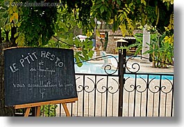 europe, france, horizontal, hotel des messugues, pools, provence, signs, small, photograph