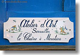 arts, blues, colors, europe, france, horizontal, moustiers, provence, signs, st marie, stores, photograph