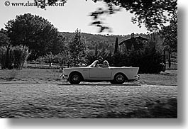 arts, black and white, cars, classic car, convertible, europe, fast, france, horizontal, moustiers, provence, st marie, transportation, photograph