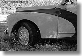 arts, black and white, classic car, europe, france, horizontal, moustiers, peugeot, provence, st marie, transportation, trucks, photograph