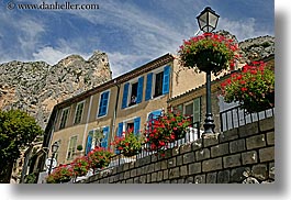 buildings, europe, flowers, france, horizontal, mountains, moustiers, provence, st marie, photograph