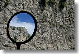europe, france, horizontal, materials, mirrors, mountains, moustiers, provence, reflections, st marie, stones, photograph