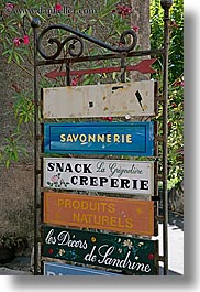 europe, france, moustiers, provence, signs, st marie, stacks, vertical, photograph