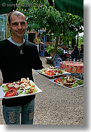 bald, emotions, europe, foods, france, happy, men, moustiers, people, provence, salad, serving, st marie, vertical, waiter, photograph