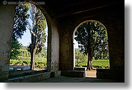 archways, colors, europe, france, green, horizontal, nature, plants, provence, seillans, structures, trees, photograph