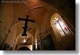 buildings, churches, crosses, europe, france, glasses, hangings, horizontal, materials, provence, religious, seillans, stained, stained glass, structures, windows, photograph