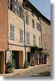 buildings, europe, france, materials, old, provence, seillans, shuttered, stones, vertical, windows, photograph