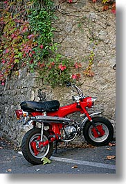 colors, europe, france, ivy, leaves, materials, motorcycles, nature, plants, provence, red, seillans, stones, vertical, photograph