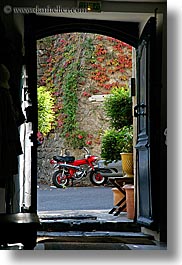 colors, doorways, europe, france, ivy, motorcycles, nature, plants, provence, red, seillans, vertical, photograph