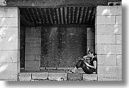 black and white, europe, frames, france, horizontal, materials, people, provence, reading, st paul, stones, womens, photograph