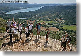 activities, europe, france, groups, hikers, horizontal, lakes, nature, people, provence, scenics, water, waving, womens, photograph