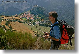 backpack, clothes, colors, europe, france, groups, hikers, hilltop, horizontal, men, nicos, people, provence, red, villages, photograph