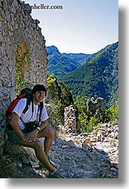 activities, backpack, clothes, europe, france, groups, hiking, men, nicos, people, provence, resting, shades, vertical, photograph