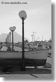 amorgos, black and white, boats, europe, greece, lamp posts, vertical, photograph