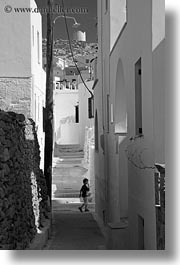 alleys, amorgos, black and white, boys, buildings, europe, greece, vertical, photograph