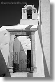 amorgos, bell towers, black and white, buildings, churches, doorways, europe, gates, greece, marble, structures, vertical, white wash, photograph
