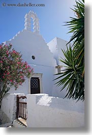 amorgos, bell towers, buildings, churches, europe, gates, greece, structures, trees, vertical, white wash, photograph