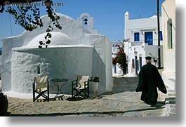 amorgos, bell towers, buildings, churches, europe, greece, horizontal, priests, religious, structures, walking, white wash, photograph