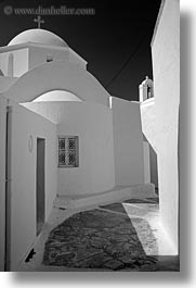 amorgos, black and white, churches, doors, europe, greece, narrow, streets, vertical, white, white wash, photograph