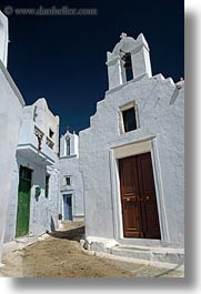 amorgos, bell towers, buildings, churches, doors, europe, greece, narrow, streets, structures, vertical, white, white wash, photograph