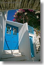 amorgos, archways, blues, doors, doors & windows, europe, flowers, greece, structures, vertical, photograph