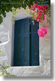 amorgos, blues, bougainvilleas, doors & windows, europe, flowers, greece, nature, shutters, vertical, white wash, photograph