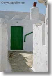 amorgos, chimney, doors, doors & windows, europe, greece, green, pots, red, vertical, white wash, photograph