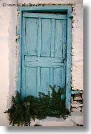 amorgos, blues, doors, doors & windows, europe, greece, green, lights, old, vertical, weeds, photograph
