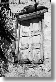 amorgos, black and white, doors & windows, europe, greece, old, vertical, windows, woods, photograph