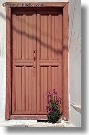 amorgos, doors, doors & windows, europe, flowers, greece, oranges, purple, vertical, photograph