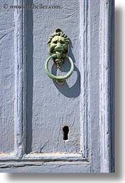 amorgos, bronze, doors, doors & windows, europe, greece, green, knockers, purple, vertical, photograph