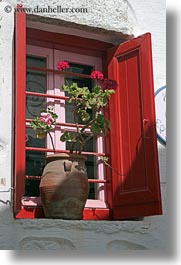 amorgos, doors & windows, europe, geraniums, greece, red, vertical, windows, photograph