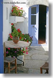 amorgos, doors, europe, flowers, greece, purple, vertical, photograph
