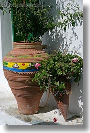 amorgos, europe, flowers, greece, plants, terracotta, vases, vertical, photograph