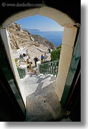 amorgos, archways, doors, europe, greece, hozoviotissa monastery, looking, out, structures, vertical, white wash, photograph