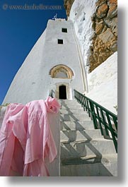 amorgos, doors, europe, greece, hozoviotissa monastery, monastery, pink, shirts, stairs, vertical, white wash, photograph