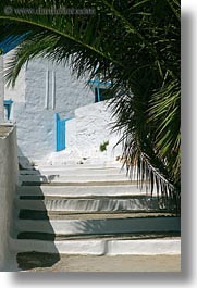 amorgos, blues, europe, gates, greece, palm trees, stairs, vertical, white wash, photograph