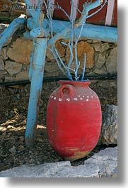 amorgos, blues, europe, greece, pots, red, trees, vertical, photograph