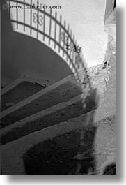 amorgos, black and white, europe, greece, railing, shadows, stairs, vertical, white wash, photograph