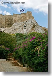 acropolis, athens, europe, flags, flowers, greece, greek, vertical, photograph